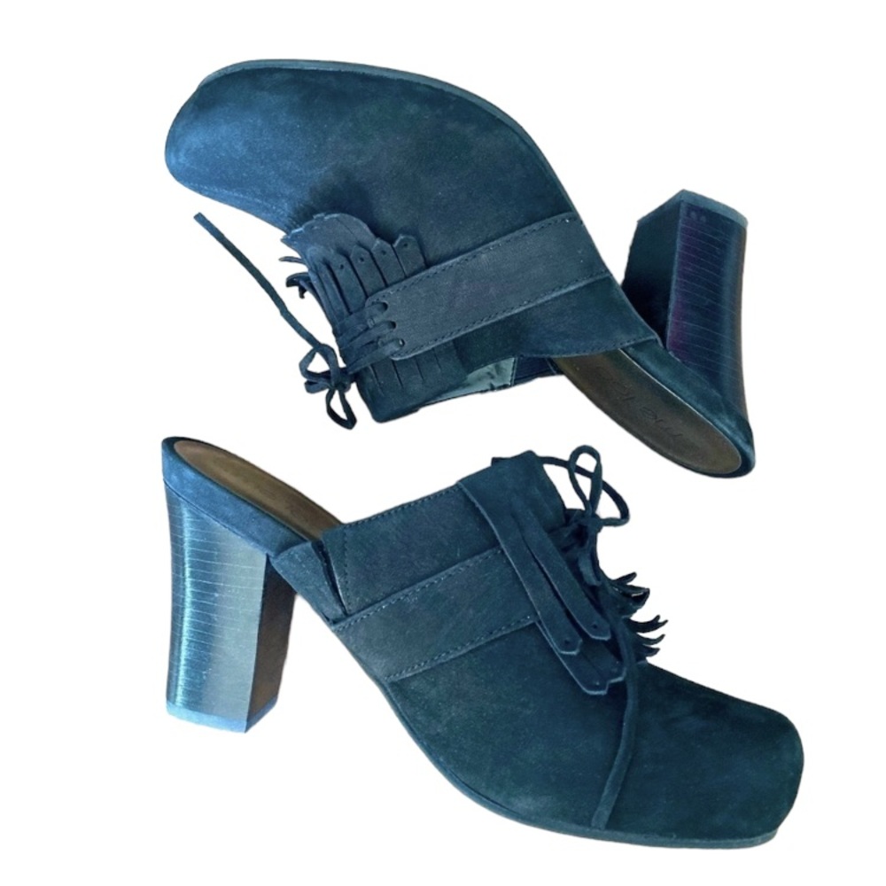 Me Too Witchy Fringe Collar Black Suede Leather Chunky Heeled Slip on Clogs